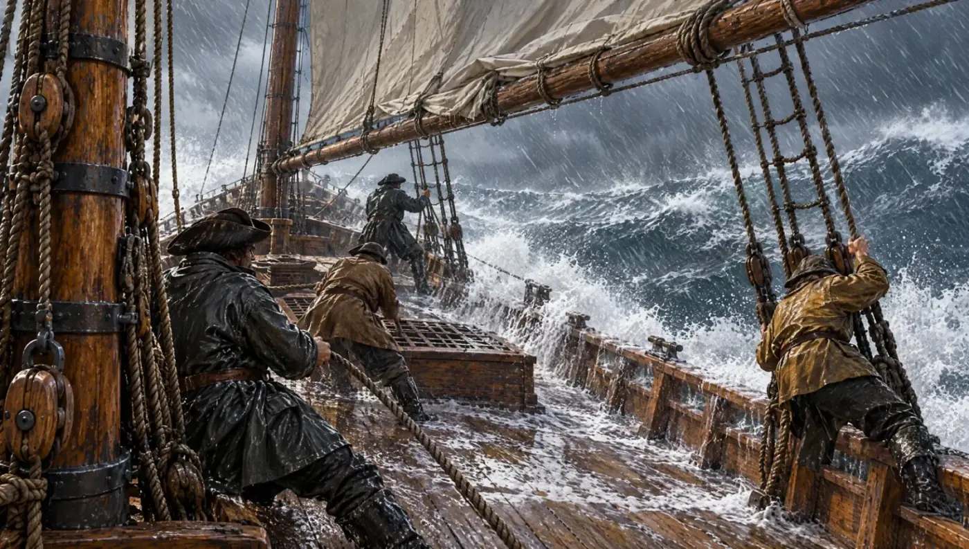 The Hispaniola in a storm